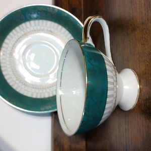 Lefton Tea Cup & Saucer Green Gold Rare Cottagecore Grandma Dark Academia China